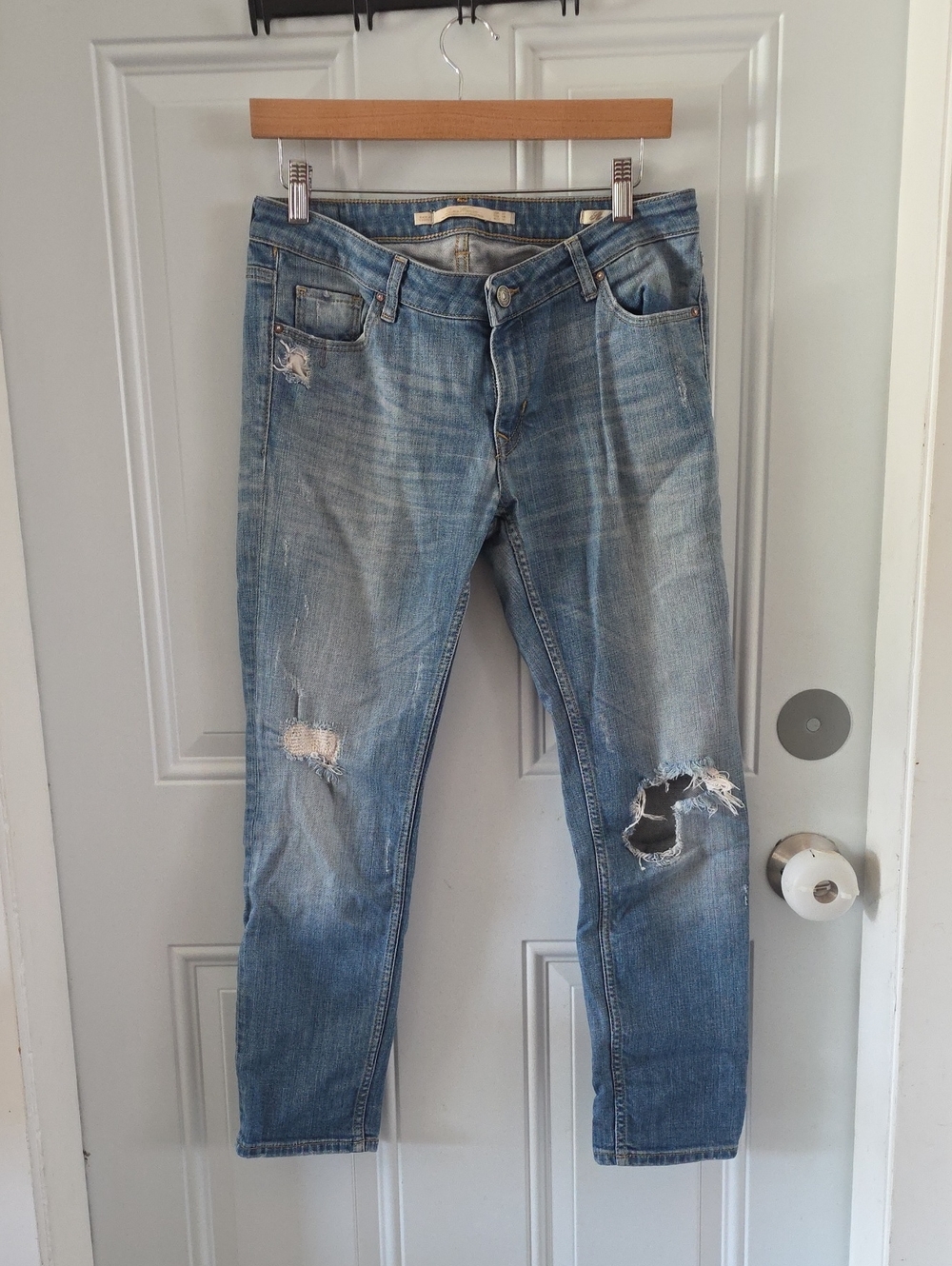 Light Blue Distressed Ankle Slim Straight Jeans